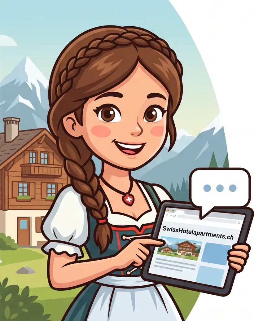 Heidi, the Swiss Hotel Apartments AI concierge, holding a tablet showing swisshotelapartments.ch in front of an alpine chalet