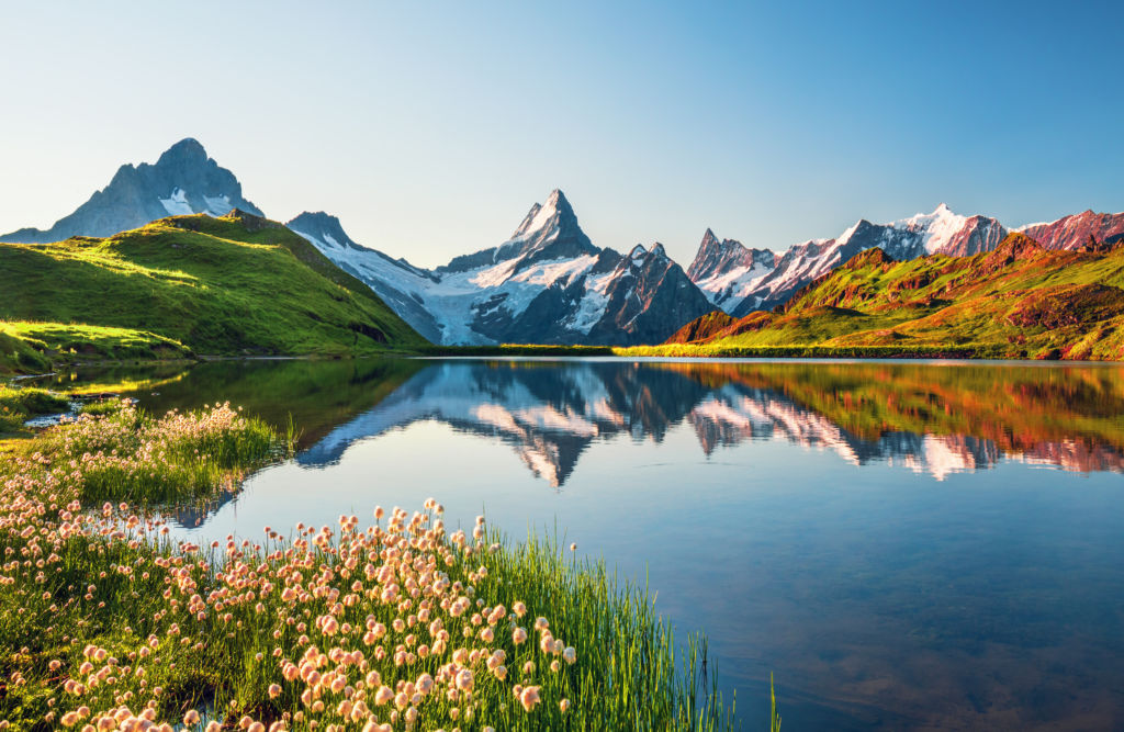 View of the surrounding mountains from Bachalpsee lake in Switzerland