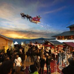 A photo of Santa flying over the Montreux Christmas Market