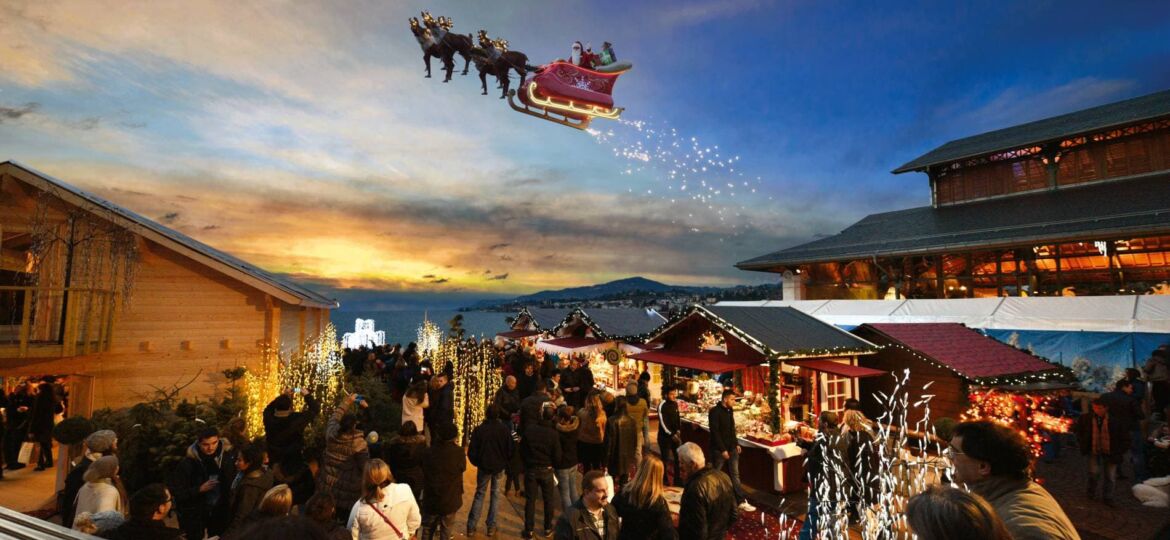 Una foto di Babbo Natale che sorvola il Mercatino di Natale di Montreux