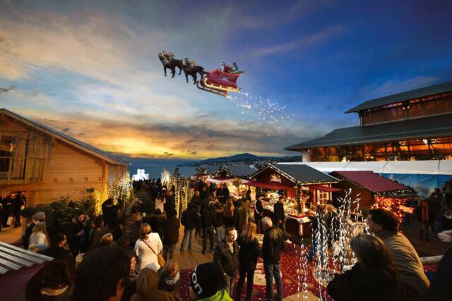 A photo of Santa flying over the Montreux Christmas Market