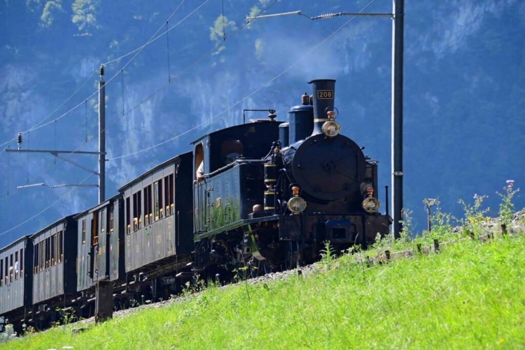A steam train in the Swiss Alps near Interlaken