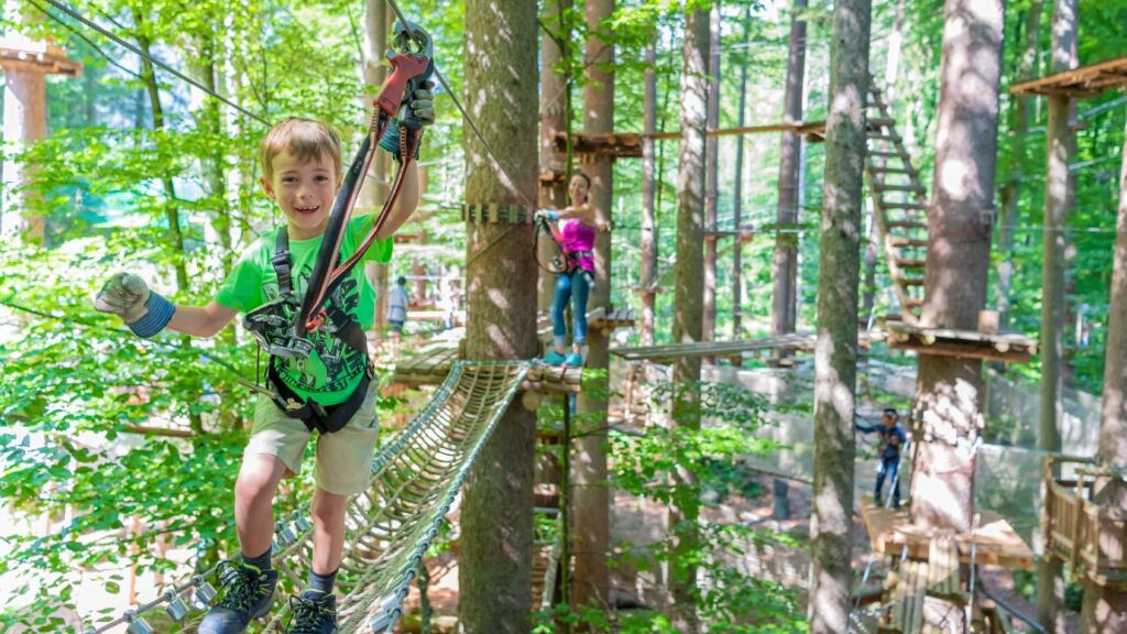 Children climbing through a treetop obstacle course at the Seilpark Adventure Park near Interlaken