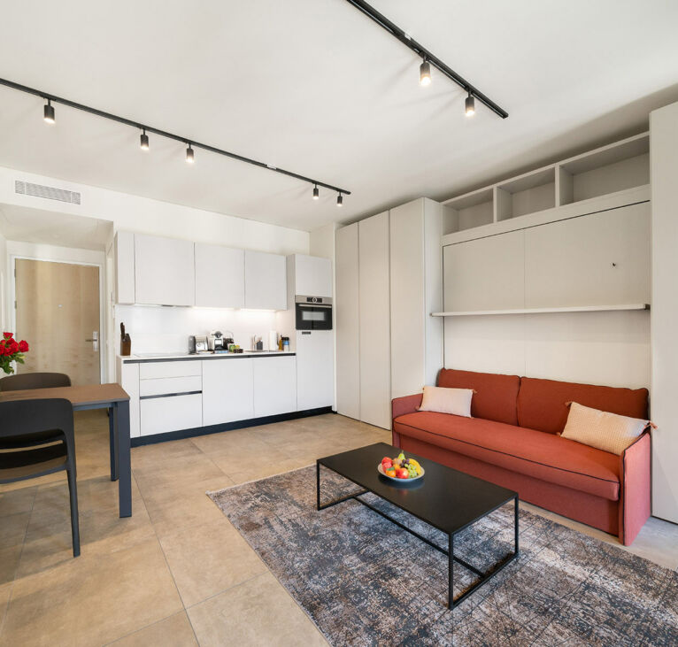 Sofa and windows with view on the Studio in Lugano Swiss Hotel Apartments